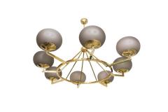 Brass and Grey Opaline Murano Glass Large Modern Chandelier Stilnovo Style - 1587472