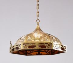 Brass and Slag Glass Arts and Crafts Pendant Fixture - 4219249