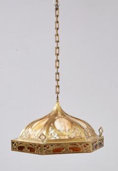 Brass and Slag Glass Arts and Crafts Pendant Fixture - 4219257