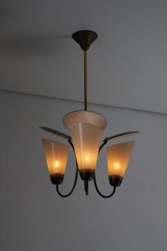 Brass and Striped Glass Three Arm Chandelier 1950s - 4510602