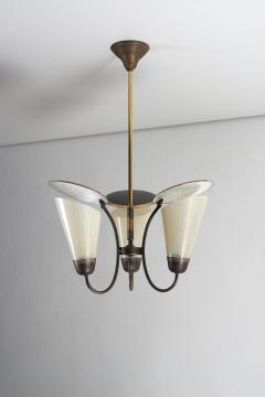 Brass and Striped Glass Three Arm Chandelier 1950s - 4510607