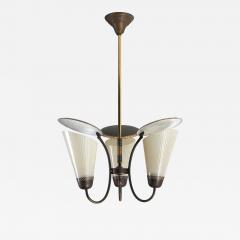 Brass and Striped Glass Three Arm Chandelier 1950s - 4515098