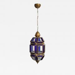 Brass and blue glass lantern ceiling lamp 1970s  - 4547630