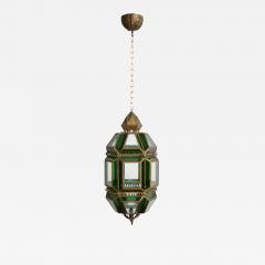 Brass and green glass lantern ceiling lamp 1970s  - 4540333