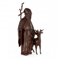 Bronze Meiji period sculpture of Jur jin God of Longevity with deer and staff - 2994657