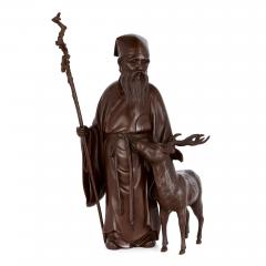 Bronze Meiji period sculpture of Jur jin God of Longevity with deer and staff - 2994658