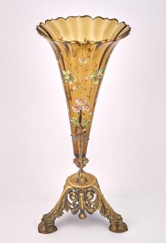 Bronze Mounted Holder Enameled Art Glass French Decorative Trumpet Vase - 3546215