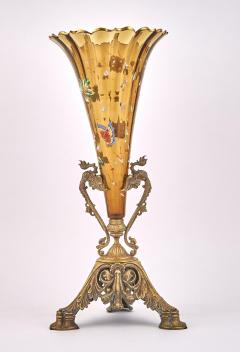 Bronze Mounted Holder Enameled Art Glass French Decorative Trumpet Vase - 3546219