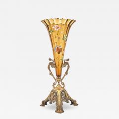 Bronze Mounted Holder Enameled Art Glass French Decorative Trumpet Vase - 3547062