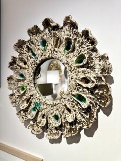 Brown and Cream Speckled Ceramic Mirror with Embedded Glass Accents by Aram C  - 4572180
