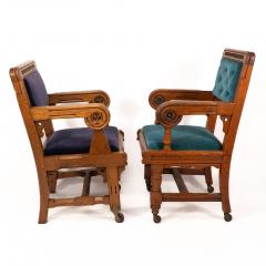 Bruce Talbert Bruce Talbert Gillows Two Rare Gothic Revival Oak Armchair in Blue Upholstery  - 4182727