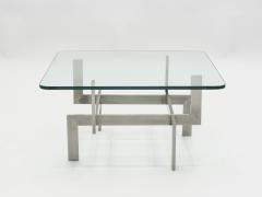 Brushed steel Paul Legeard square coffee table 1970s - 1081988