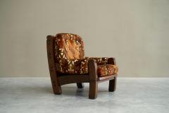 Brutalist Lounge Chair and Ottoman in Solid Oak and Velvet 1960s - 4395652