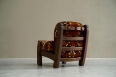 Brutalist Lounge Chair and Ottoman in Solid Oak and Velvet 1960s - 4395658