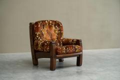 Brutalist Lounge Chair and Ottoman in Solid Oak and Velvet 1960s - 4395870