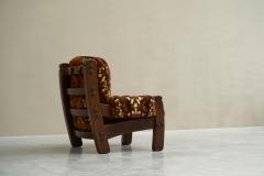 Brutalist Lounge Chair in Solid Oak and Velvet 1960s - 4396179