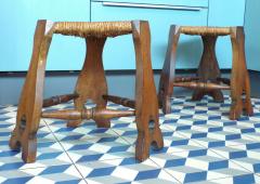 Brutalist stackable pair of French Alp rush and oak stools - 1754535