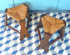 Brutalist stackable pair of French Alp rush and oak stools - 1754536