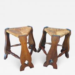 Brutalist stackable pair of French Alp rush and oak stools - 1757001
