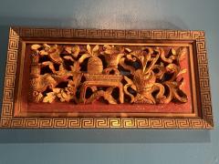 CHINOISERIE GILT CARVED WOOD DRAGON WITH VASES FLOWERING BRANCHES WALL PLAQUE - 3838526