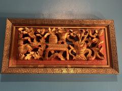 CHINOISERIE GILT CARVED WOOD DRAGON WITH VASES FLOWERING BRANCHES WALL PLAQUE - 3838529