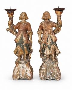 CIRCA 1650 1700 Italian Baroque Carved Wood Angel Figure Candlesticks - 4781455