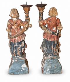 CIRCA 1650 1700 Italian Baroque Carved Wood Angel Figure Candlesticks - 4781456