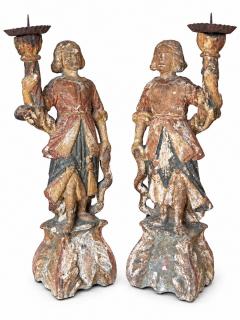 CIRCA 1650 1700 Italian Baroque Carved Wood Angel Figure Candlesticks - 4789837