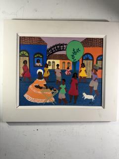 COLORFUL MODERN HAITIAN MARKET SCENE WITH WHITE CAT PAINTING - 4691280