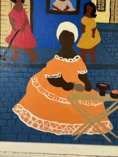 COLORFUL MODERN HAITIAN MARKET SCENE WITH WHITE CAT PAINTING - 4691281