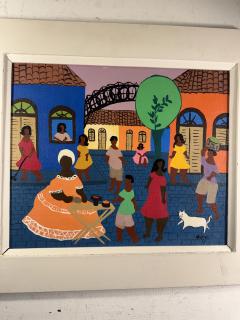COLORFUL MODERN HAITIAN MARKET SCENE WITH WHITE CAT PAINTING - 4691286