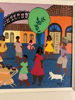 COLORFUL MODERN HAITIAN MARKET SCENE WITH WHITE CAT PAINTING - 4691288