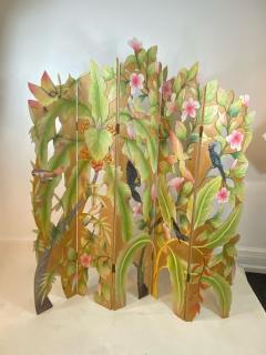 COLORFUL TROPICAL BIRDS AMONGST EXOTIC FOILAGE PAINTED CARVED WOOD ROOM SCREEN - 1221395