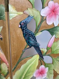 COLORFUL TROPICAL BIRDS AMONGST EXOTIC FOILAGE PAINTED CARVED WOOD ROOM SCREEN - 1221396