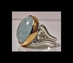 Cabochon Aquamarine Silver Gold Ring - 49759