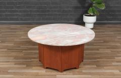 Californian Modern Sculpted Teak Coffee Table w Pink Marble Top - 4139991