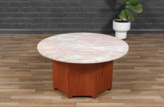 Californian Modern Sculpted Teak Coffee Table w Pink Marble Top - 4139992