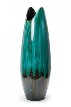 Canadian Mid Century Tapered Scooped Rim Multi Tonal Green Drip Glazed Ceramic V - 4675182