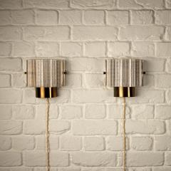 Carl Fagerlund Pair of Glass and Brass Wall Lights by Orrefors Sweden 1960s - 3892497