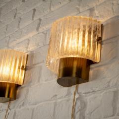 Carl Fagerlund Pair of Glass and Brass Wall Lights by Orrefors Sweden 1960s - 3892501