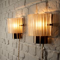 Carl Fagerlund Pair of Glass and Brass Wall Lights by Orrefors Sweden 1960s - 3892504