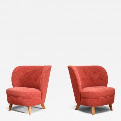 Carl Johan Boman Pair of Carl Johan Boman Easy Chairs in Red Fabric and Birch Finland 1940s - 4392288