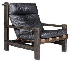 Carl Straub 1960s Carl Straub black leather lounge chair ottoman - 2972927