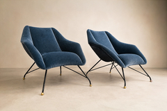 Carlo Hauner Brazilian Concha Armchairs in Iron and Dedars Blue Mohair Carlo Hauner - 4707639