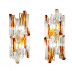 Carlo Nason Carlo Nason Pair of Amber and Clear Murano Ice Glass Sconces 1960s - 4206892