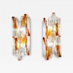 Carlo Nason Carlo Nason Pair of Amber and Clear Murano Ice Glass Sconces 1960s - 4208367