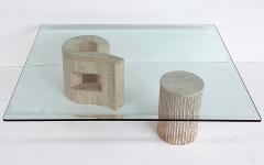 Carlo Scarpa Sculptural Travertine Post modern Question Mark Coffee Table Beveled Glass Top - 4507444
