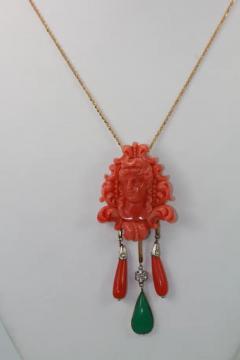 Carved Coral Brooch Pendant W Coral Drops and Crystophase Drop - 3451349