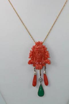 Carved Coral Brooch Pendant W Coral Drops and Crystophase Drop - 3451362