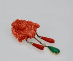 Carved Coral Brooch Pendant W Coral Drops and Crystophase Drop - 3451483